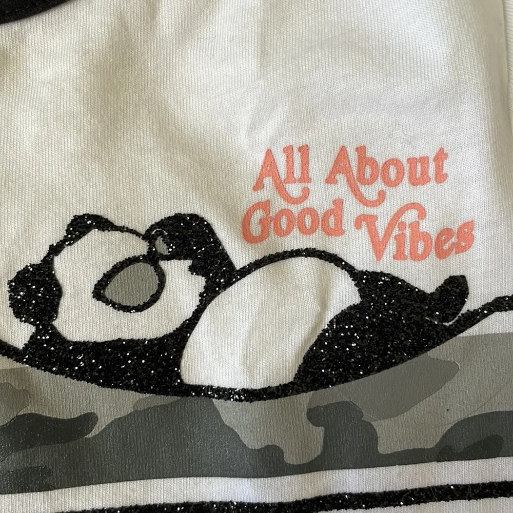 Justice “All about good vibes” cool panda with camouflage shirt